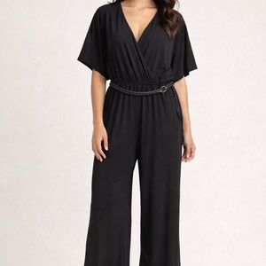Emma & Michele Black V-Neck Wide-Leg Jumpsuit with Braided Belt